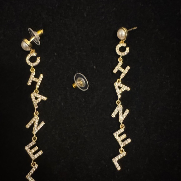 CHANEL Gold and White Letter Logo CC Earrings - Picture 1 of 7